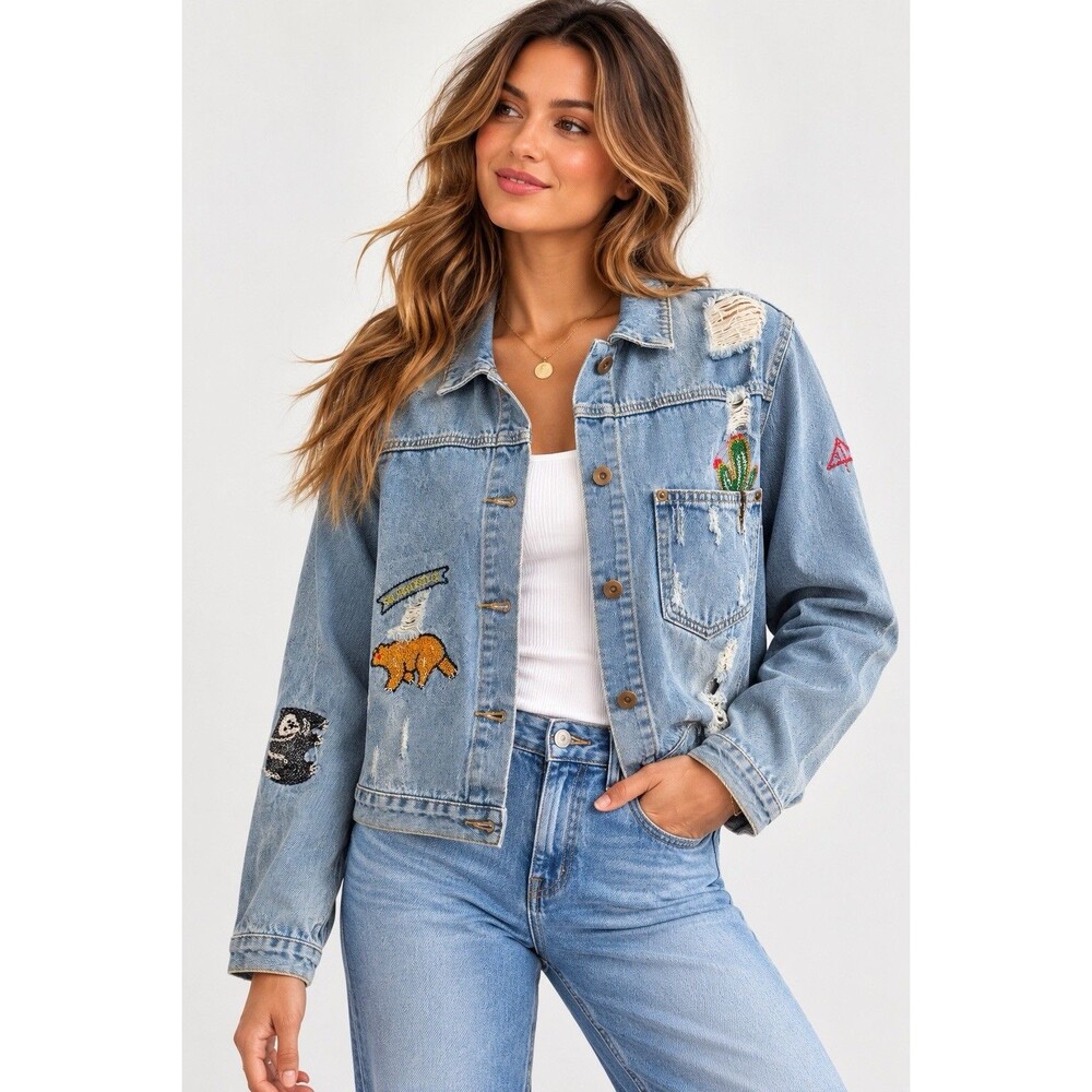 ETWO Distressed Embroidered Denim Jacket Light Wash Button Front Size Small